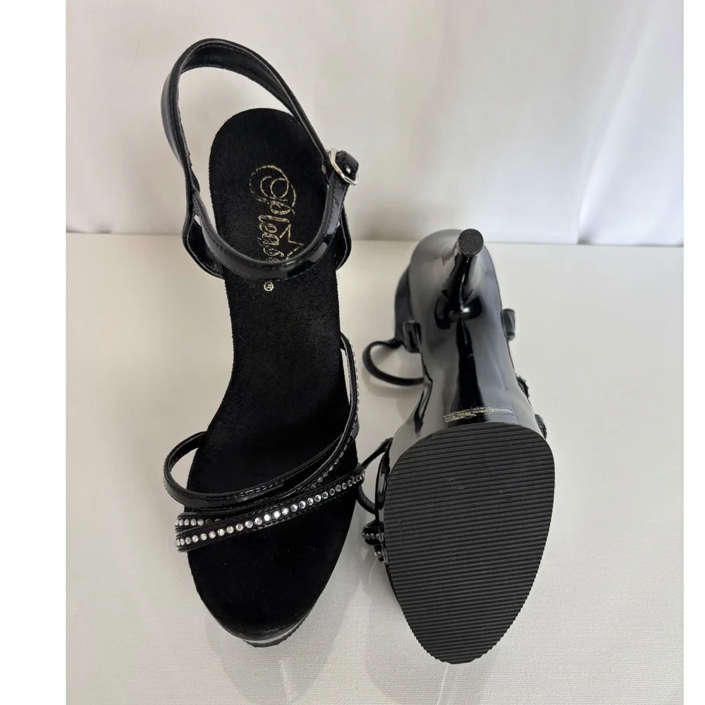 Pleaser Delight-616-3 Black Patent Platform Rhinestone Exotic Dancer Sz 7